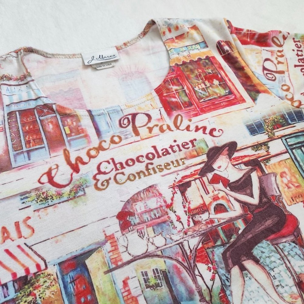 Vintage 90s French Art Print Top Large Paris Cafe J Marco Cyber Rhinestones Y2K - Picture 4 of 16